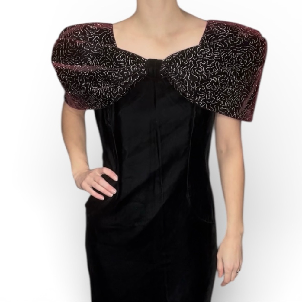 Vintage Pantagis Dress Velvet Bow Off The Shoulder Pads Black Midi Union 80s 10